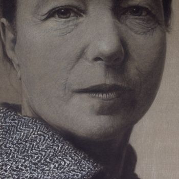 Drawing titled "Simone de Beauvoir" by Vincent Haller, Original Artwork, Charcoal Mounted on Cardboard