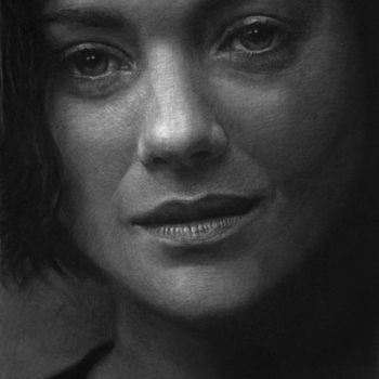 Drawing titled "Marion Cotillard" by Vincent Haller, Original Artwork, Charcoal Mounted on Cardboard