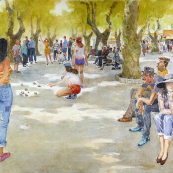 Painting titled "Pétanque 32." by Vincent Monluc, Original Artwork, Watercolor