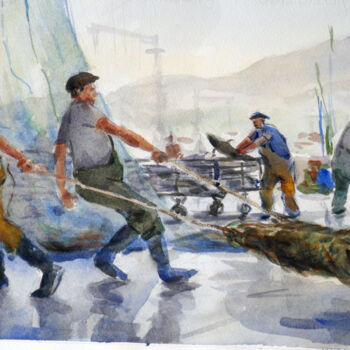 Painting titled "Deux pêcheurs tiran…" by Vincent Monluc, Original Artwork, Watercolor
