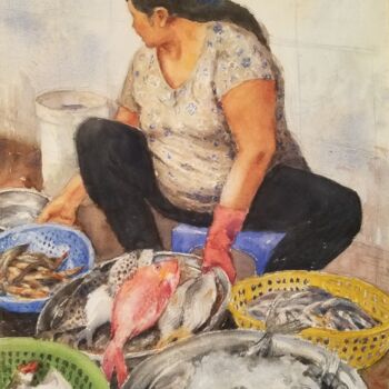 Peinture intitulée "Marchande de poisso…" par Vincent Monluc, Œuvre d'art originale, Aquarelle