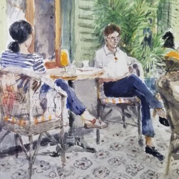 Painting titled "Couple dans le rest…" by Vincent Monluc, Original Artwork, Watercolor