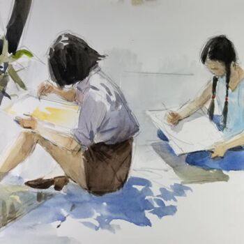 Peinture intitulée "2 jeunes filles" par Vincent Monluc, Œuvre d'art originale, Aquarelle