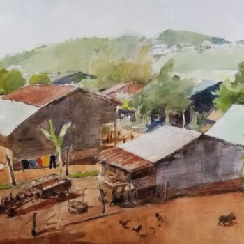 Painting titled "Village des Minorit…" by Vincent Monluc, Original Artwork, Watercolor