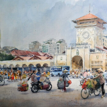 Painting titled "Ben Thanh Saigon Ma…" by Vincent Monluc, Original Artwork, Watercolor