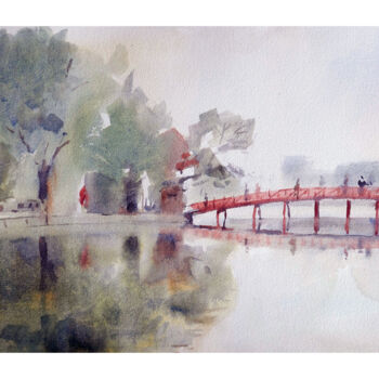 Peinture intitulée "Pont Rouge Lac de H…" par Vincent Monluc, Œuvre d'art originale, Aquarelle