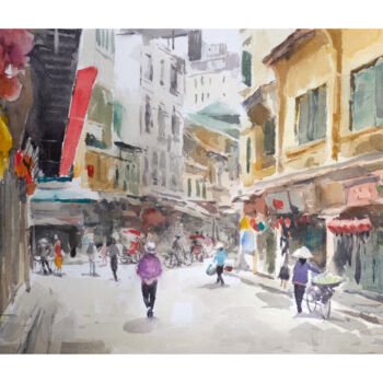 Peinture intitulée "Rue Ta Hien a Hanoi…" par Vincent Monluc, Œuvre d'art originale, Aquarelle