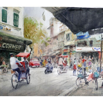 Peinture intitulée "Rue Ta Hien dans le…" par Vincent Monluc, Œuvre d'art originale, Aquarelle