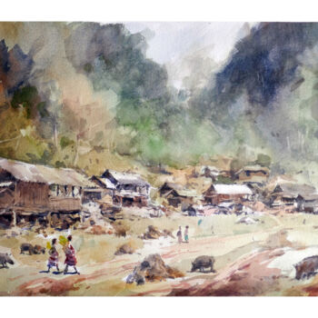 Painting titled "Village dans la reg…" by Vincent Monluc, Original Artwork, Watercolor