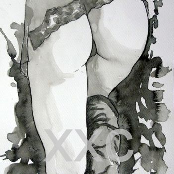 「le cul」というタイトルの絵画 Vincent Tessier Xxcによって, オリジナルのアートワーク, インク ウッドパネルにマウント