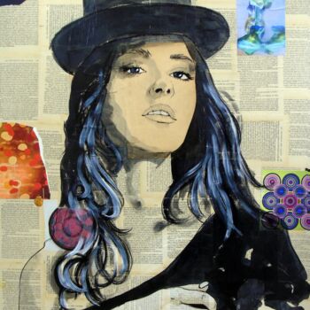 Painting titled "Femme au chapeau 1" by Vincent Tessier Xxc, Original Artwork, Ink