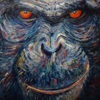 Schilderij getiteld "face de singe" door Vincent Thoviste, Origineel Kunstwerk, Acryl Gemonteerd op Frame voor houten branca…