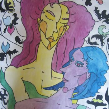 Pintura intitulada "Couple D'Amoureux" por Vincent Cheikh, Obras de arte originais, Guache