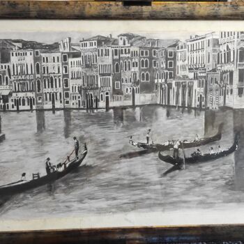 「Gondolieri a Venezia」というタイトルの絵画 Vincenzo Pirasによって, オリジナルのアートワーク, 木炭