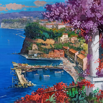 Painting titled "Flowering seaside -…" by Vincenzo Somma, Original Artwork, Oil Mounted on Wood Stretcher frame