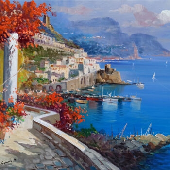 Painting titled "Amalfi flowery road…" by Vincenzo Somma, Original Artwork, Oil Mounted on Wood Stretcher frame