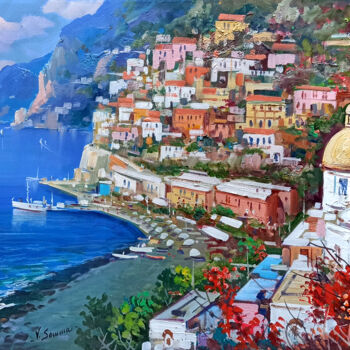 Painting titled "Positano painting -…" by Vincenzo Somma, Original Artwork, Oil Mounted on Wood Stretcher frame
