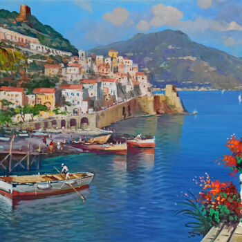Painting titled "Seaside with boats…" by Vincenzo Somma, Original Artwork, Oil Mounted on Wood Stretcher frame