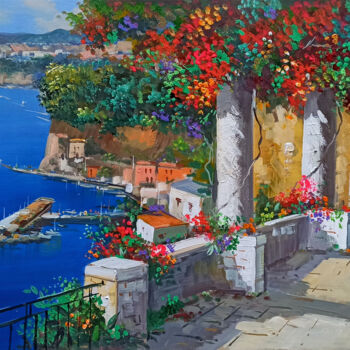 Painting titled "Overlooking the Gul…" by Vincenzo Somma, Original Artwork, Oil Mounted on Wood Stretcher frame