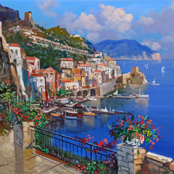Painting titled "Amalfi painting - P…" by Vincenzo Somma, Original Artwork, Oil Mounted on Wood Stretcher frame