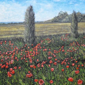 Painting titled "campo con due cipre…" by Vincenzo Attianese, Original Artwork, Oil