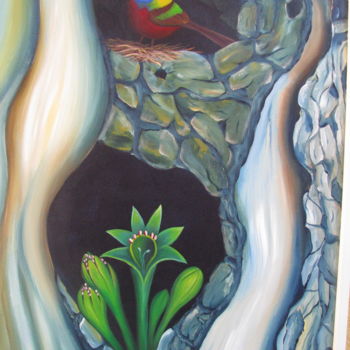 Peinture intitulée "Bird and flower" par Vinko Hlebs, Œuvre d'art originale, Huile