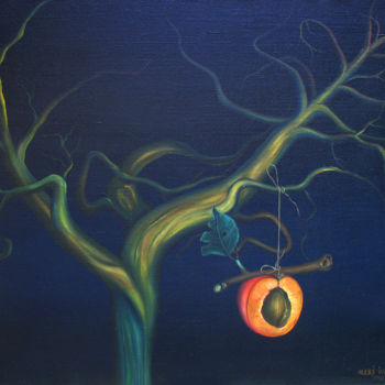 Painting titled "Apricot on the tree" by Vinko Hlebs, Original Artwork, Oil Mounted on Wood Stretcher frame