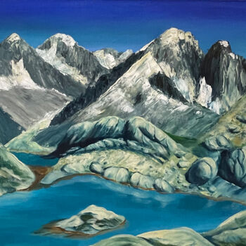 Malerei mit dem Titel "Mountains with lake" von Vinko Hlebs, Original-Kunstwerk, Acryl Auf Keilrahmen aus Holz montiert
