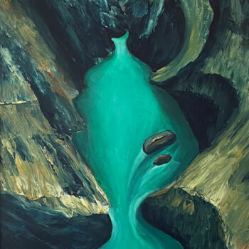 Painting titled "Green river" by Vinko Hlebs, Original Artwork, Oil Mounted on Wood Stretcher frame