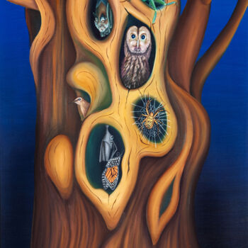 Картина под названием "Tree with animals" - Vinko Hlebs, Подлинное произведение искусства, Масло