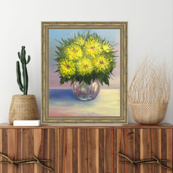 Painting titled "Chrysanthemum in a…" by Violetta Golden, Original Artwork, Oil Mounted on Wood Stretcher frame