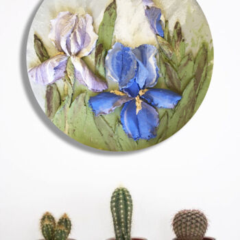 Картина под названием "Blue Irises - flora…" - Violetta Golden, Подлинное произведение искусства, Масло Установлен на Деревя…
