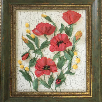 Картина под названием "Red poppies - flowe…" - Violetta Golden, Подлинное произведение искусства, Масло Установлен на Деревя…