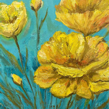 Painting titled "Yellow floral paint…" by Violetta Golden, Original Artwork, Oil Mounted on Wood Stretcher frame