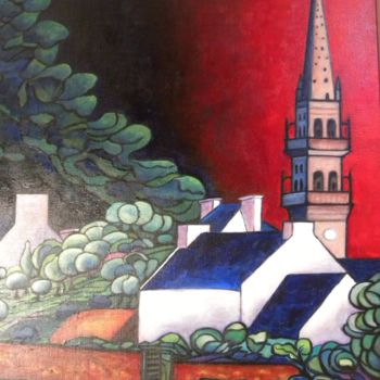 Peinture intitulée ""Le clocher de Plou…" par Viva, Œuvre d'art originale, Huile