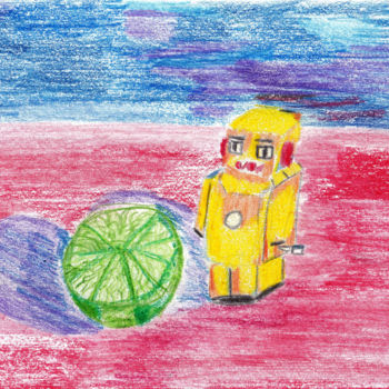 Картина под названием "Yellow Robot and Le…" - Virginia Magrit, Подлинное произведение искусства, Пастель