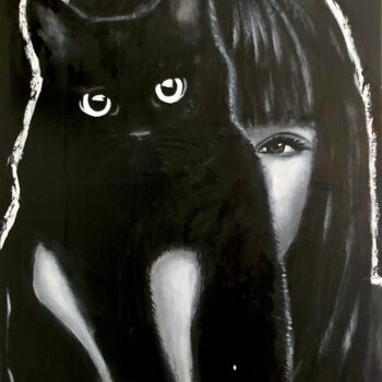 Painting titled "Blackycat" by Virginie Clement, Original Artwork, Acrylic Mounted on Wood Stretcher frame