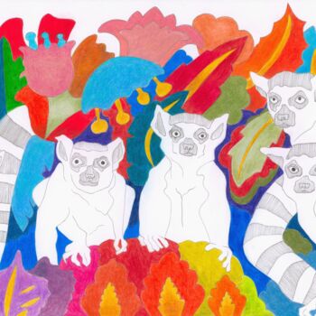Dessin intitulée "Lémuriens perplexes" par Virginie Dorseuil, Œuvre d'art originale, Crayon