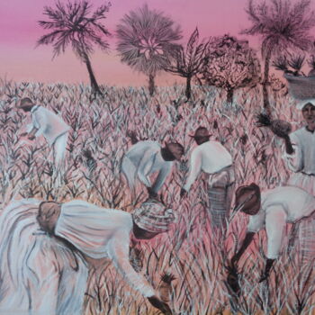 Schilderij getiteld "La récolte des anan…" door Virginie Le Roy, Origineel Kunstwerk, Olie