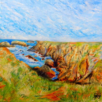 Painting titled "Vagues à la pointe…" by Virginie Le Roy, Original Artwork, Oil Mounted on Wood Stretcher frame