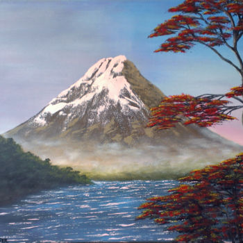 Painting titled "Le Mont Fuji Yama" by Virginie Lepelletier, Original Artwork, Acrylic Mounted on Wood Stretcher frame