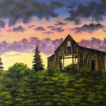 Painting titled "Old barn d'après Ti…" by Virginie Lepelletier, Original Artwork, Acrylic Mounted on Wood Stretcher frame