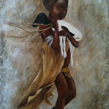 Painting titled "L'enfant africain" by Virginie Px, Original Artwork, Oil