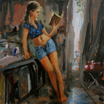 Painting titled "Girl reading" by Vishalandra Dakur, Original Artwork, Acrylic