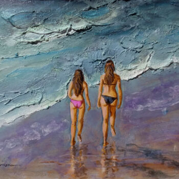 Schilderij getiteld "Beach  girls" door Vishalandra Dakur, Origineel Kunstwerk, Acryl