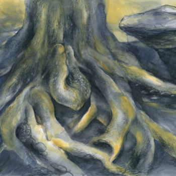 Painting titled "Root on the rock pl…" by Adriana Mueller, Original Artwork, Watercolor
