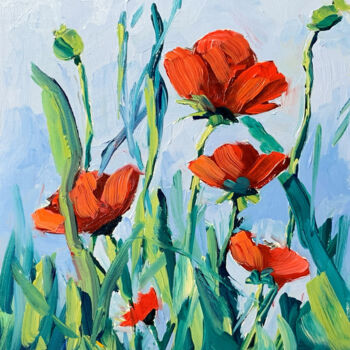 Painting titled "Red poppies flowers." by Vita Schagen, Original Artwork, Oil Mounted on Cardboard