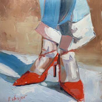 Painting titled "ON RED HEELS. WOMAN…" by Vita Schagen, Original Artwork, Oil Mounted on Wood Stretcher frame