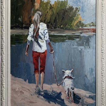 Painting titled "WOMAN WALKING WITH…" by Vita Schagen, Original Artwork, Oil Mounted on Wood Stretcher frame