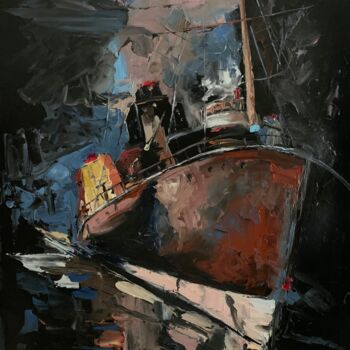 Painting titled "Boat 2" by Vita Schagen, Original Artwork, Oil Mounted on Wood Stretcher frame